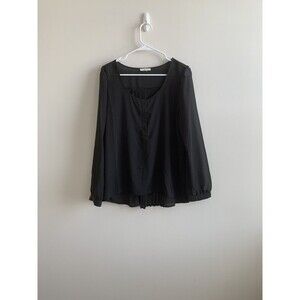 Mine Women L Flowy Sheer Black Long Sleeve Blouse Micro Pleated Back